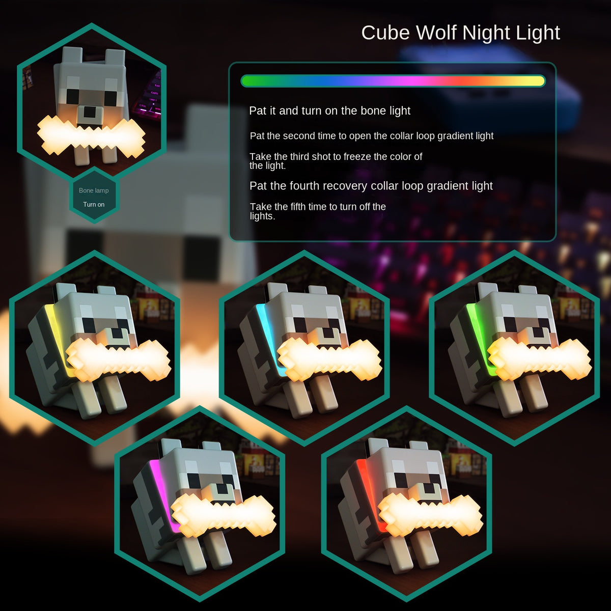Minecraft Wolf Dog Touch Lamp, Ambient Night Light Game Merchandise Ornament, Christmas Gift Decor