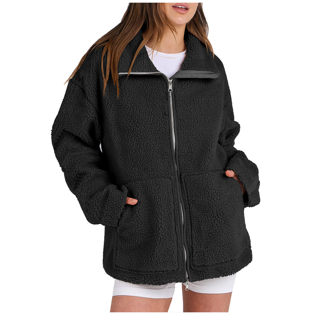 Fleece High Neck Relaxed Fit Women's Coat
