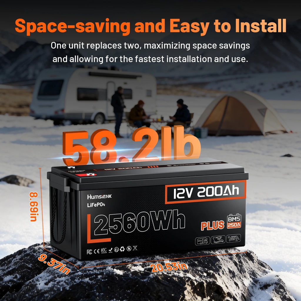 Humsienk 12V 200Ah LiFePO4 Battery, Built-in 250A BMS, 15000+ Deep Cycle, Low-Temp Protection, Rechargeable Lithium Battery for RV, Van, Golf Cart, Boat, Camper, Marine, Trolling Motor, Off-Grid, Solar Energy Storage, 5-Year
