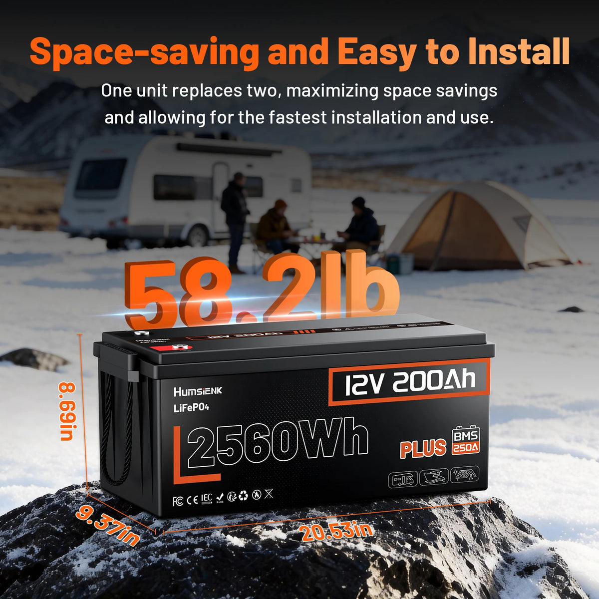 Humsienk 12V 200Ah LiFePO4 Battery, Built-in 250A BMS, 15000+ Deep Cycle, Low-Temp Protection, Rechargeable Lithium Battery for RV, Van, Golf Cart, Boat, Camper, Marine, Trolling Motor, Off-Grid, Solar Energy Storage, 5-Year