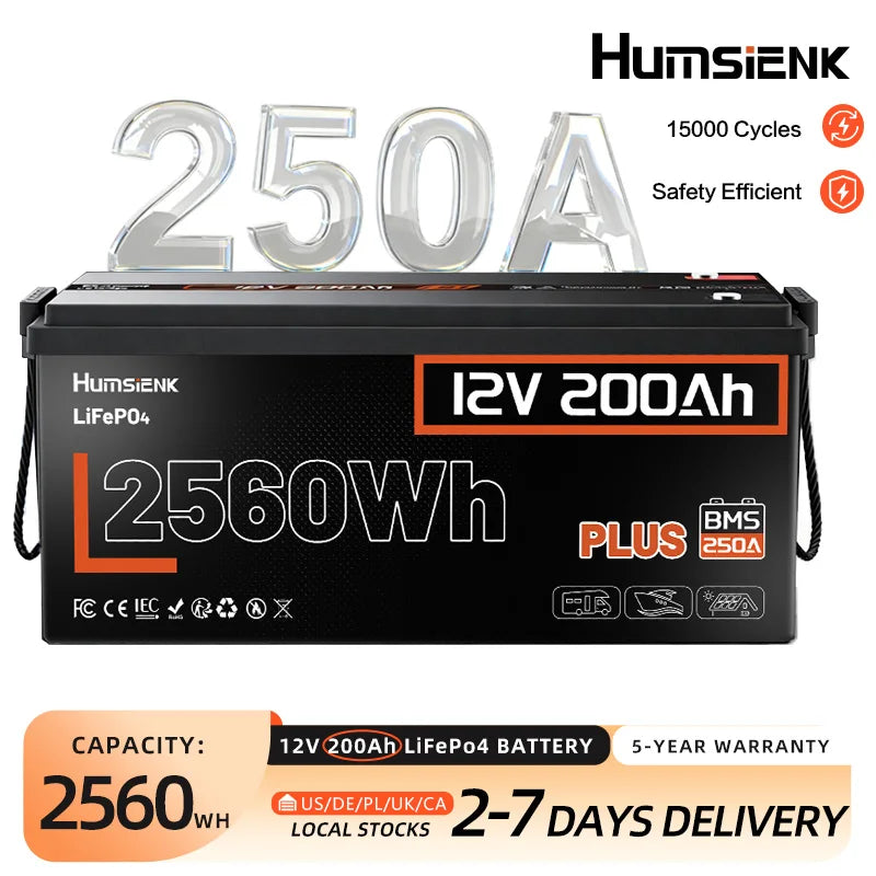 Humsienk 12V 200Ah LiFePO4 Battery, Built-in 250A BMS, 15000+ Deep Cycle, Low-Temp Protection, Rechargeable Lithium Battery for RV, Van, Golf Cart, Boat, Camper, Marine, Trolling Motor, Off-Grid, Solar Energy Storage, 5-Year