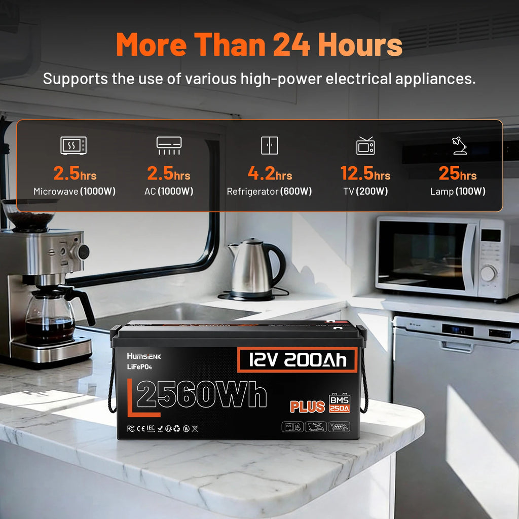 Humsienk 12V 200Ah LiFePO4 Battery, Built-in 250A BMS, 15000+ Deep Cycle, Low-Temp Protection, Rechargeable Lithium Battery for RV, Van, Golf Cart, Boat, Camper, Marine, Trolling Motor, Off-Grid, Solar Energy Storage, 5-Year