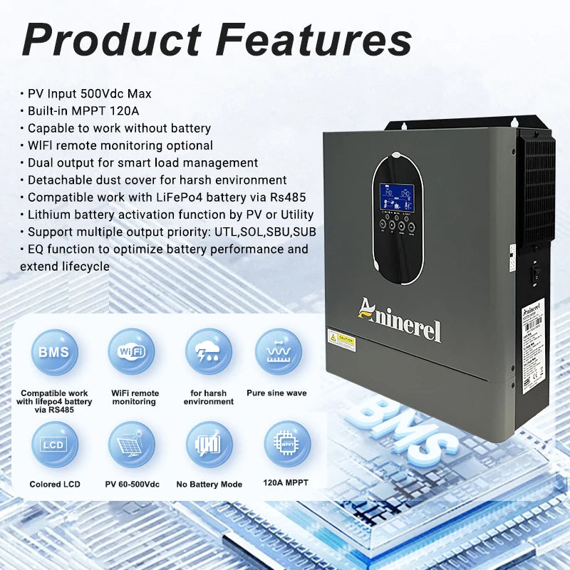 Aninerel US stock 110-120V NEW 4.2KW 24V hybrid Solar Inverter built-in MPPT 120A Charger Controller Pure Sine Wave Home Inverter WiFi