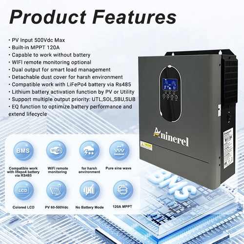 Aninerel US stock 110-120V NEW 4.2KW 24V hybrid Solar Inverter built-in MPPT 120A Charger Controller Pure Sine Wave Home Inverter WiFi