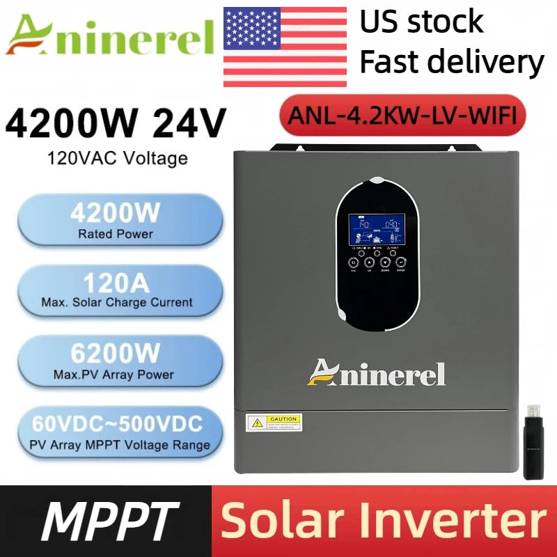 Aninerel US stock 110-120V NEW 4.2KW 24V hybrid Solar Inverter built-in MPPT 120A Charger Controller Pure Sine Wave Home Inverter WiFi