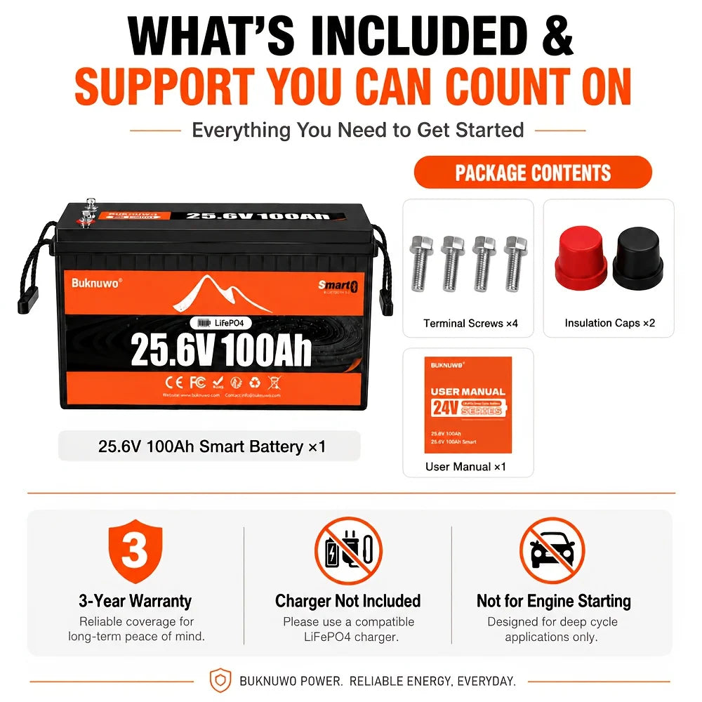 Buknuwo 4Pack 25.6V 100Ah LiFePO4 Deep Cycle Lithium Battery, Bluetooth Monitor Available, Built-in Smart BMS, Long Service Life, Rechargeable Battery For Camping Yacht Home Off-Grid Solar System