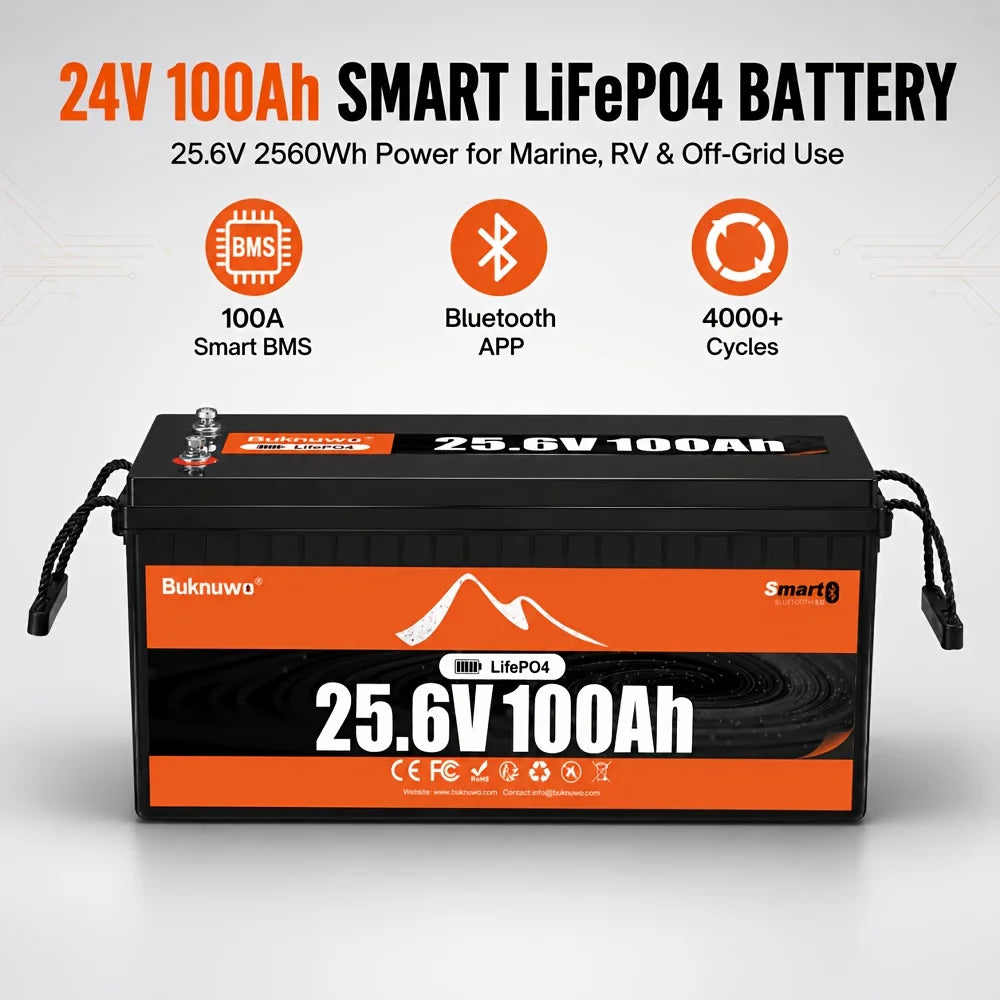 Buknuwo 4Pack 25.6V 100Ah LiFePO4 Deep Cycle Lithium Battery, Bluetooth Monitor Available, Built-in Smart BMS, Long Service Life, Rechargeable Battery For Camping Yacht Home Off-Grid Solar System