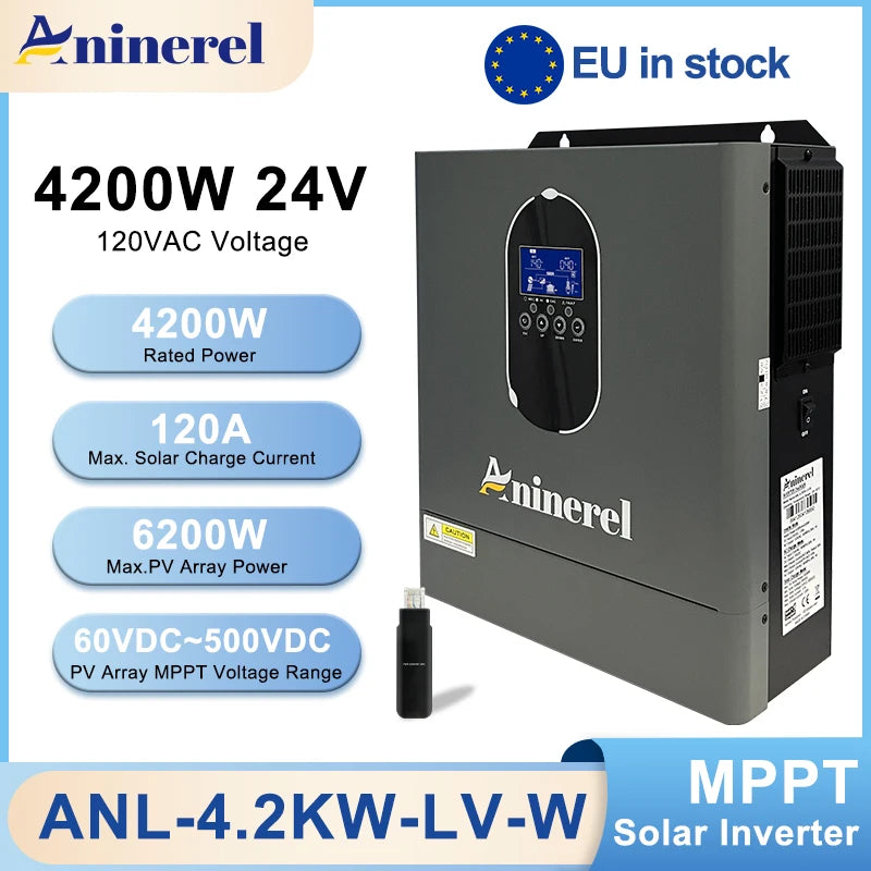 Aninerel US stock 110-120V NEW 4.2KW 24V hybrid Solar Inverter built-in MPPT 120A Charger Controller Pure Sine Wave Home Inverter WiFi