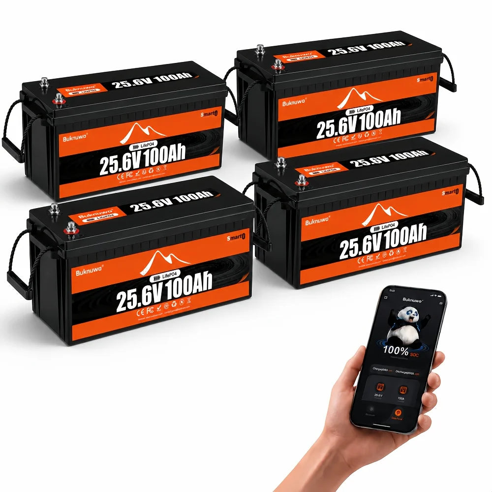 Buknuwo 4Pack 25.6V 100Ah LiFePO4 Deep Cycle Lithium Battery, Bluetooth Monitor Available, Built-in Smart BMS, Long Service Life, Rechargeable Battery For Camping Yacht Home Off-Grid Solar System