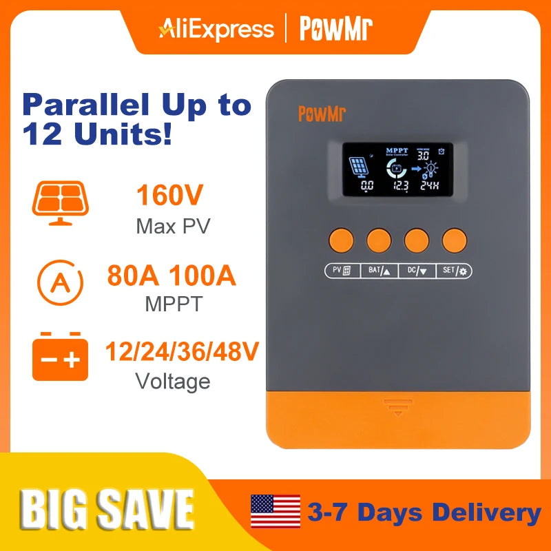PowMr MPPT 100A 80A Solar Charge Controller 12V 24V 36V 48V Auto Solar Panels Regulator Parallel Up 12 Units For Lead LiFePO4 Lithium Battery