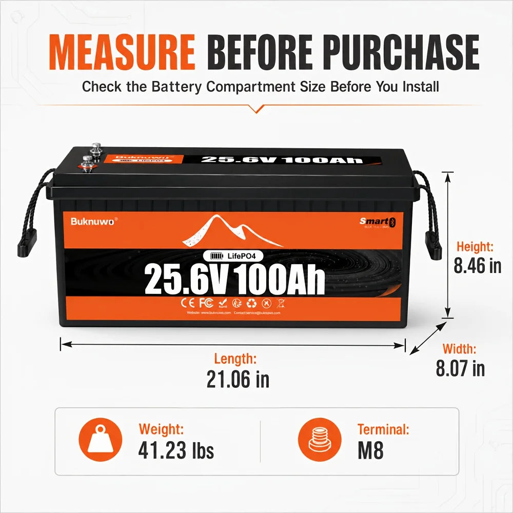 Buknuwo 4Pack 25.6V 100Ah LiFePO4 Deep Cycle Lithium Battery, Bluetooth Monitor Available, Built-in Smart BMS, Long Service Life, Rechargeable Battery For Camping Yacht Home Off-Grid Solar System