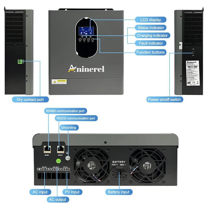 Aninerel US stock 110-120V NEW 4.2KW 24V hybrid Solar Inverter built-in MPPT 120A Charger Controller Pure Sine Wave Home Inverter WiFi