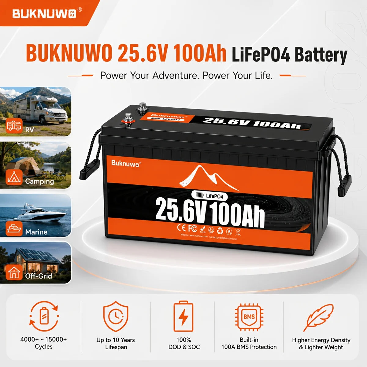 Buknuwo 4Pack 25.6V 100Ah LiFePO4 Deep Cycle Lithium Battery, Bluetooth Monitor Available, Built-in Smart BMS, Long Service Life, Rechargeable Battery For Camping Yacht Home Off-Grid Solar System